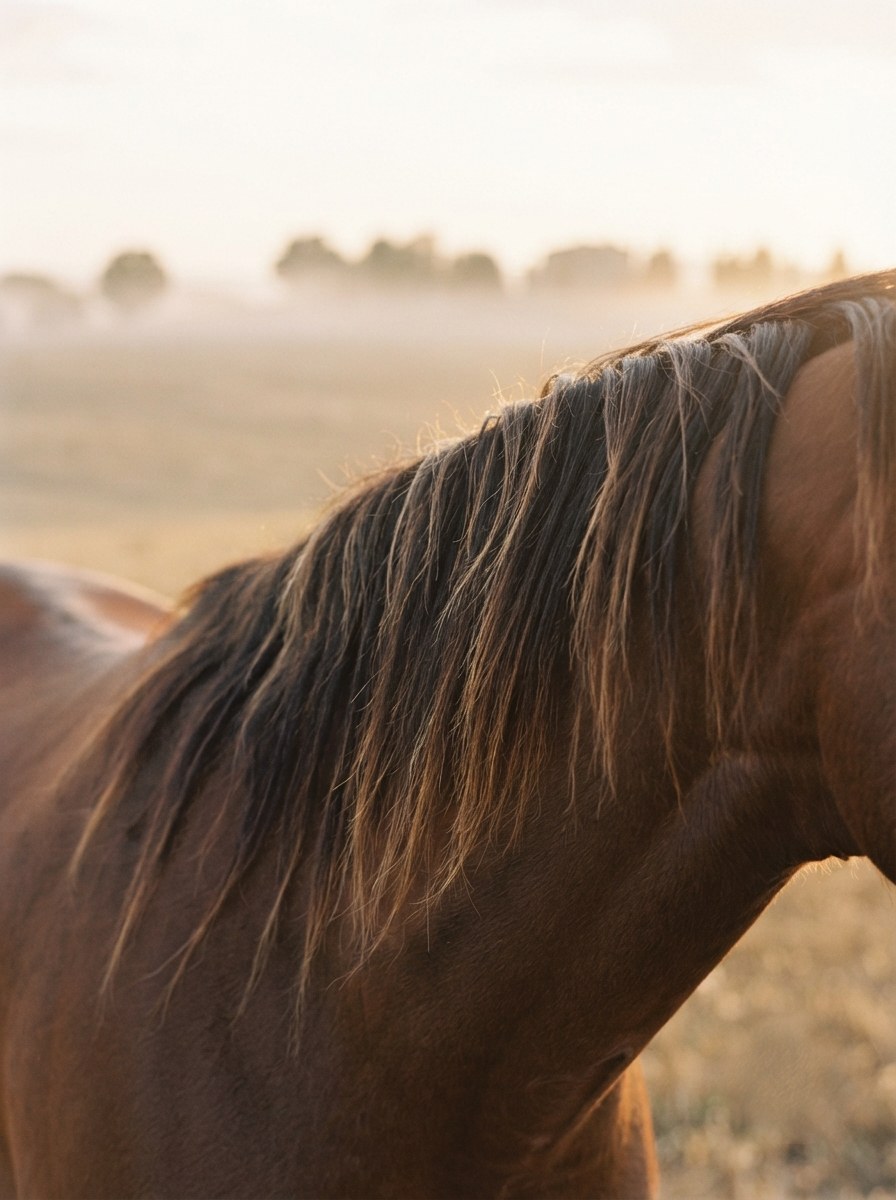 Encolure et crinière d'un cheval à contre-jour, au petit matin
